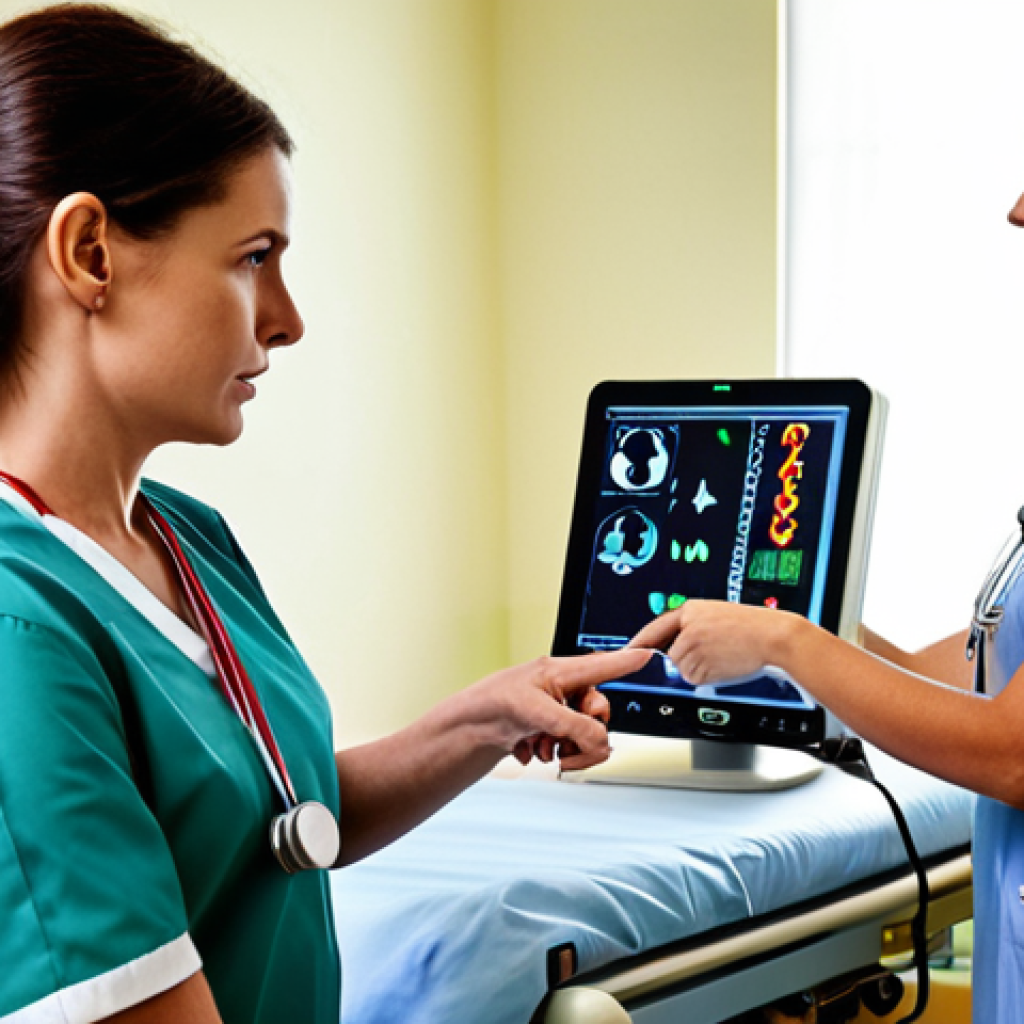 **

A busy hospital ward scene. A nurse is quickly assessing multiple patients, checking vital signs on a monitor while a family member points to a detail on a patient's arm. Emphasis on the nurse's focused expression and the combination of technology and human interaction in prioritizing patient needs. Soft, concerned lighting.

**