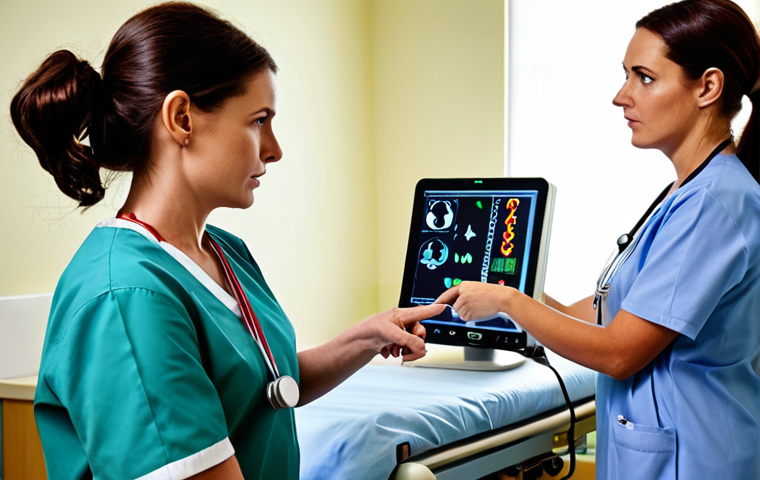 **

A busy hospital ward scene. A nurse is quickly assessing multiple patients, checking vital signs on a monitor while a family member points to a detail on a patient's arm. Emphasis on the nurse's focused expression and the combination of technology and human interaction in prioritizing patient needs. Soft, concerned lighting.

**