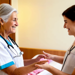 **

Prompt: A retired Italian nurse mentoring a young nursing student in a modern hospital setting. The retired nurse is gesturing and smiling, sharing her knowledge. Soft, warm lighting. Focus on the connection between the two generations.

**