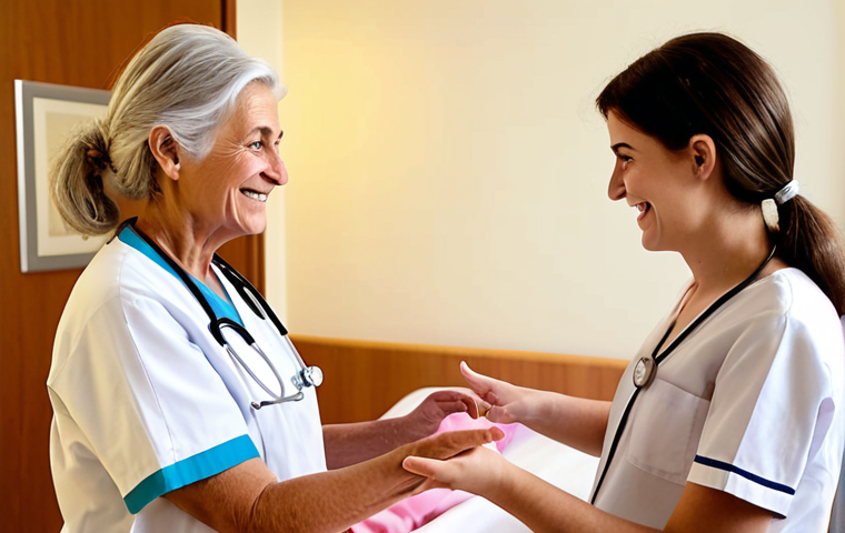 **

Prompt: A retired Italian nurse mentoring a young nursing student in a modern hospital setting. The retired nurse is gesturing and smiling, sharing her knowledge. Soft, warm lighting. Focus on the connection between the two generations.

**