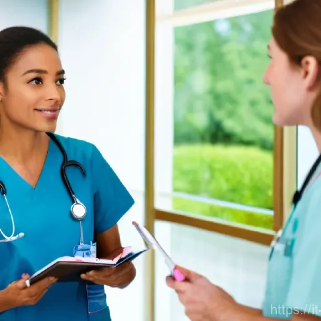 간호사의 이직을 위한 추천서 작성법 - **Prompt 1: A Mentorship Moment**
A young, earnest female nurse in a clean, modest scrub uniform...