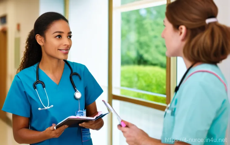 간호사의 이직을 위한 추천서 작성법 - **Prompt 1: A Mentorship Moment**
A young, earnest female nurse in a clean, modest scrub uniform...