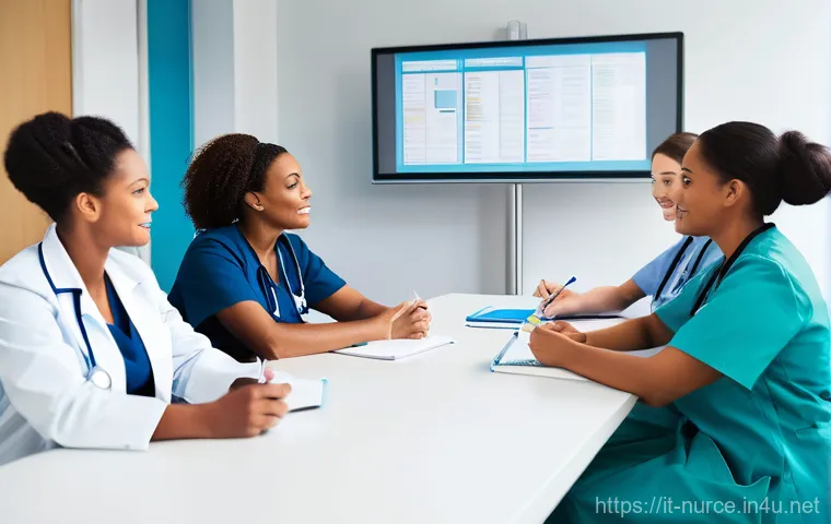 간호사 팀장의 리더십 사례 - **Prompt 1: The Mentoring Head Nurse**
    "A diverse group of professional nurses in a brightly lit...