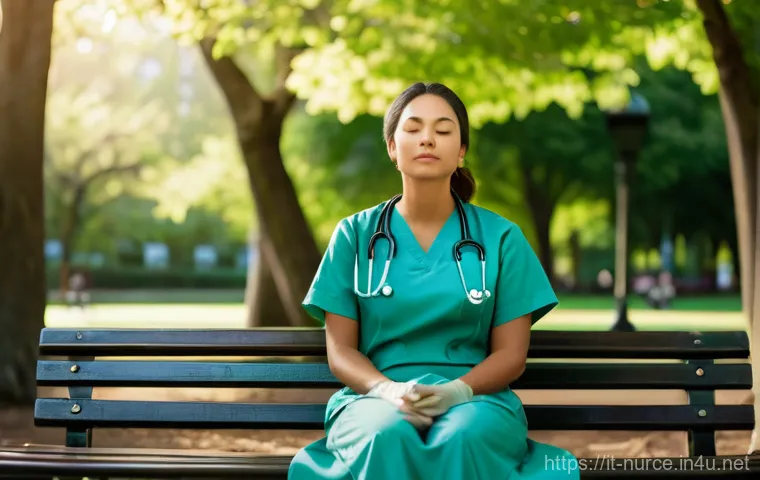 간호사의 일과 삶의 균형 유지 - **Prompt:** A nurse, dressed in clean, professional scrubs, is sitting peacefully on a park bench du...