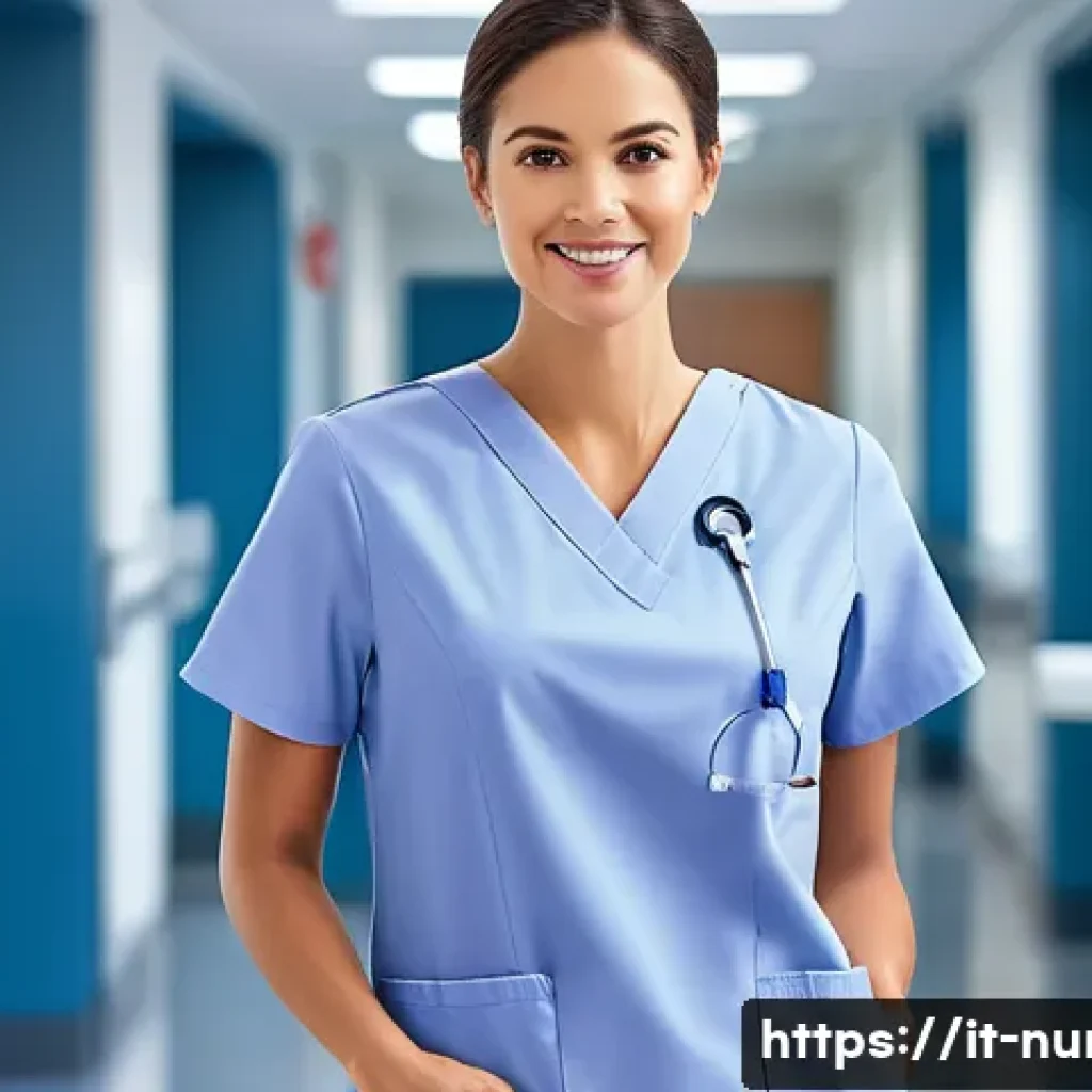 간호사의 근무복과 장비 선택 - **"A confident female nurse, approximately 30-35 years old, stands in a brightly lit, clean hospital...