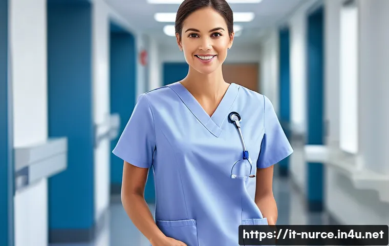 간호사의 근무복과 장비 선택 - **"A confident female nurse, approximately 30-35 years old, stands in a brightly lit, clean hospital...
