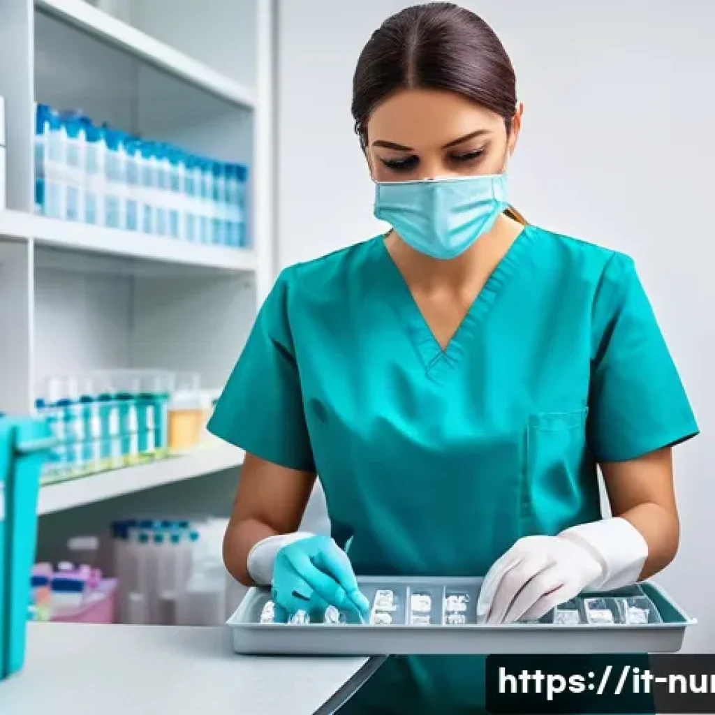 간호사의 주사 실무 팁 - A professional nurse preparing multiple syringes on a sterile tray in a bright, modern Italian healt...