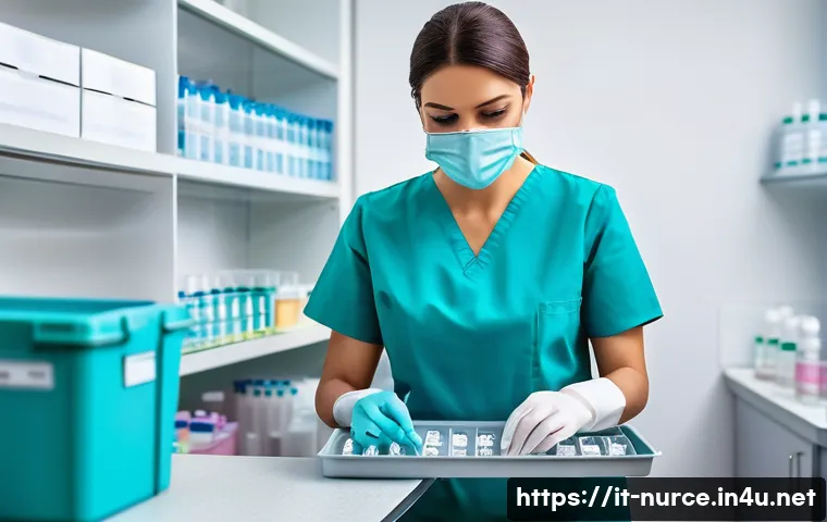 간호사의 주사 실무 팁 - A professional nurse preparing multiple syringes on a sterile tray in a bright, modern Italian healt...