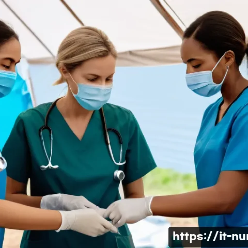 간호사로서의 의료 봉사 사례 - A dynamic scene of a diverse group of volunteer nurses working together under pressure in a makeshif...