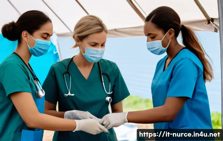 간호사로서의 의료 봉사 사례 - A dynamic scene of a diverse group of volunteer nurses working together under pressure in a makeshif...