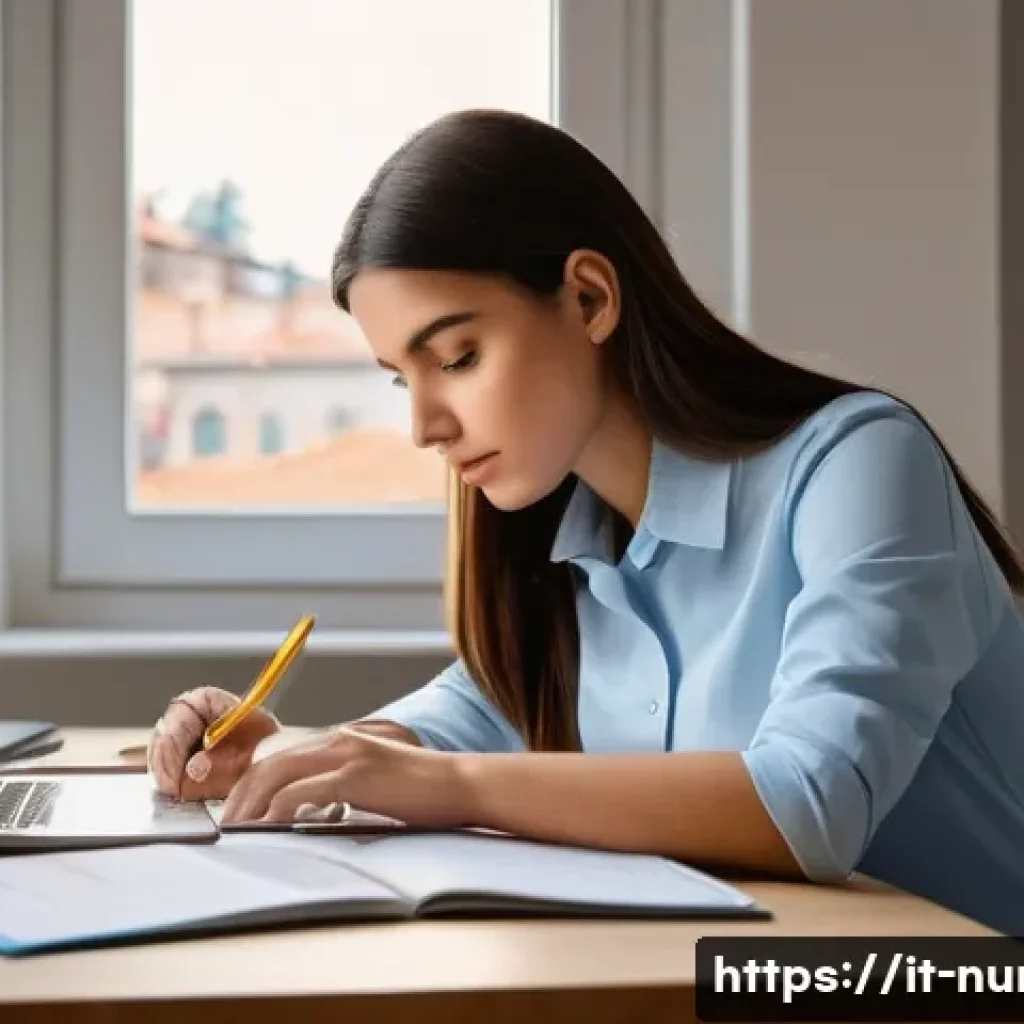 간호사 국가고시 최신 경향 분석 - A focused nursing student studying at a modern desk in a bright, cozy Italian apartment, surrounded ...