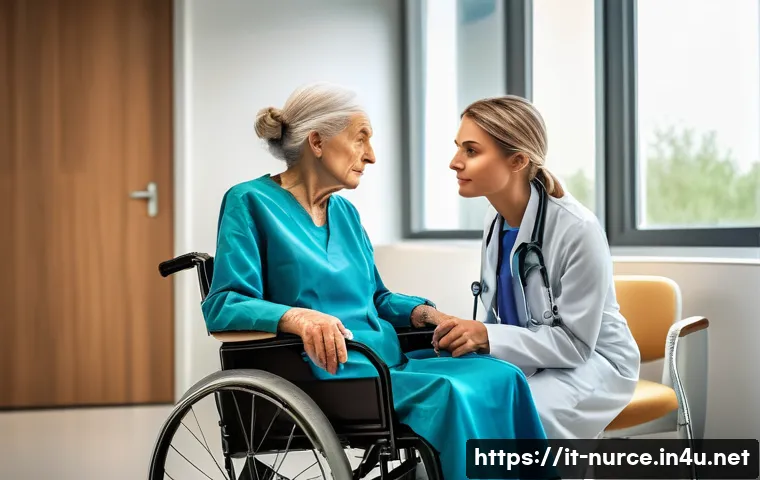 간호사 취업 면접 질문과 답변 - A compassionate Italian nurse in a modern hospital setting, attentively listening and providing emot...