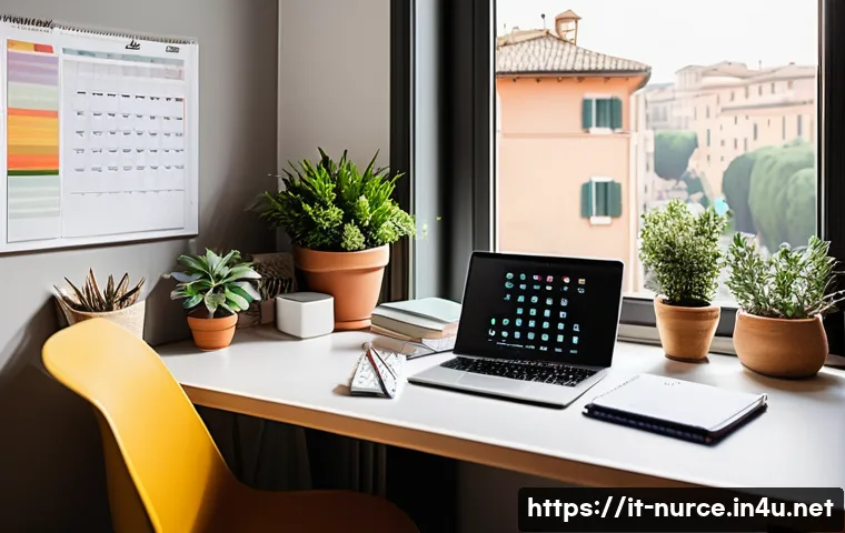 간호사의 학업과 실습 병행 팁 - A modern Italian nursing student&rsquo;s study and clinical rotation setup in a bright, cozy home office w...