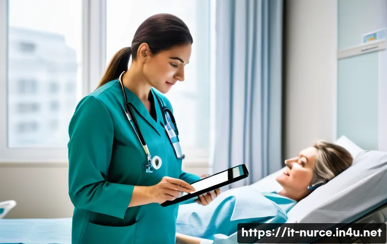 간호사의 기술 활용 및 디지털화 사례 - A modern Italian hospital nurse using a sleek tablet and smartphone at the bedside of a patient in a...