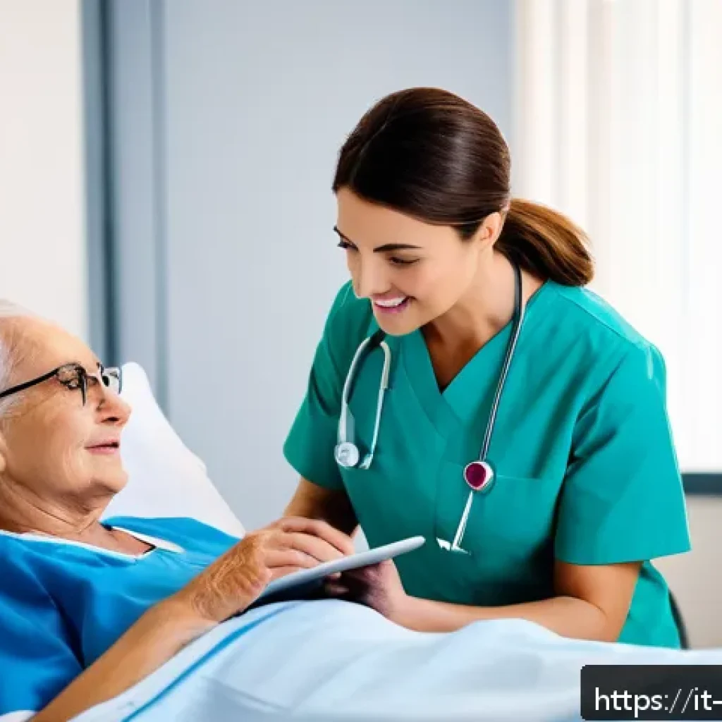 간호사의 필수 IT 기술 - A modern Italian hospital nurse using a sleek tablet device at the bedside of an elderly patient, bo...