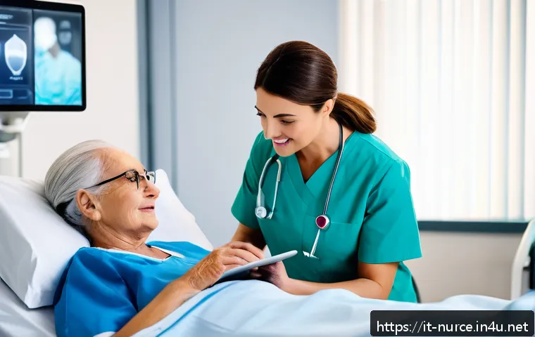 간호사의 필수 IT 기술 - A modern Italian hospital nurse using a sleek tablet device at the bedside of an elderly patient, bo...