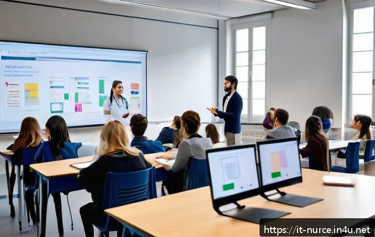 간호사 학점은행제로 학위 취득하기 - A modern university classroom in Italy focused on nursing students attending a blended learning sess...