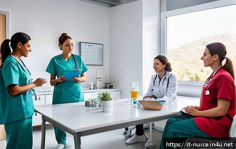 간호사 팀워크 강화를 위한 활동 - A diverse group of professional nurses in a modern Italian hospital break room, engaged in a morning...