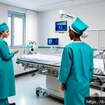 Home 19 간호사 신규 교육 프로그램 - A modern nursing training simulation room in an Italian hospital setting, featuring young newly grad...