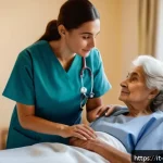 Home 18 간호사의 환자 중심 치료 사례 - A compassionate nurse attentively listening to an elderly Italian female patient in a warm, softly l...