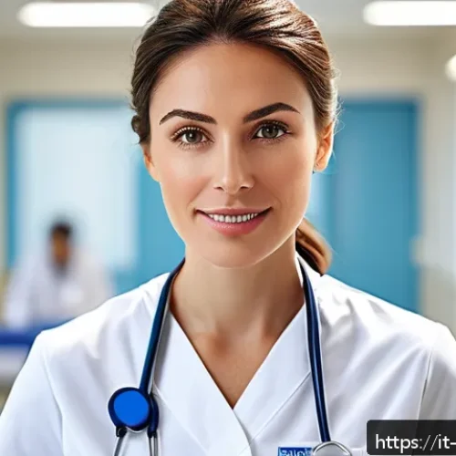 Home 27 간호사 자격증 취득 가이드 - A professional Italian nurse in a modern hospital setting, wearing a clean, well-fitted white nursin...
