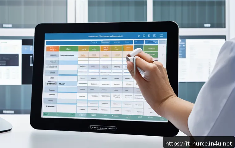 간호사의 환자 케이스 보고서 작성법 - A close-up view of a nurse&rsquo;s hands documenting patient data using a touchscreen clinical software in...
