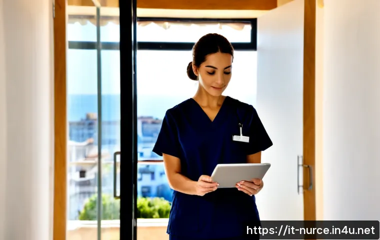 간호사로서의 동기 부여 방법 - Photorealistic Italian hospital nurse in neat navy scrubs standing by a sunlit ward window at the st...