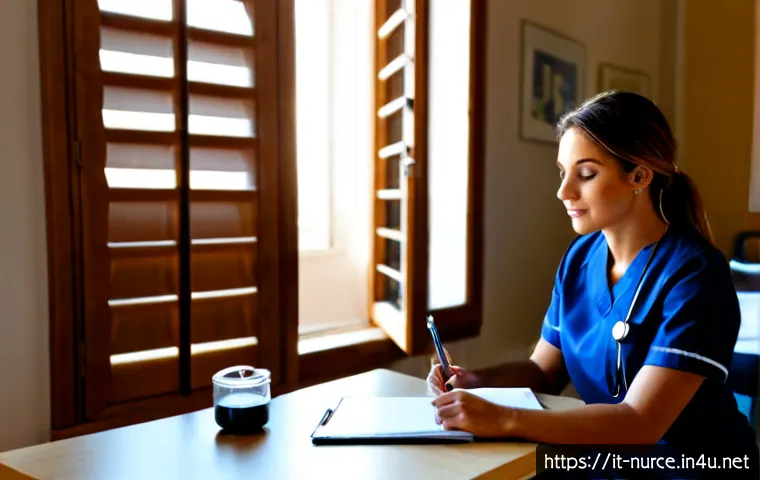 Home 16 간호사 교육학과 병행하기 - Photorealistic Italian nurse in neat navy scrubs studying education science beside a hospital shift ...
