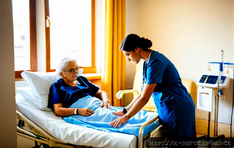 Home 30 간호사의 환자 안전 관리 팁 - Photorealistic Italian hospital ward, compassionate nurse in neat navy scrubs carefully verifying a ...