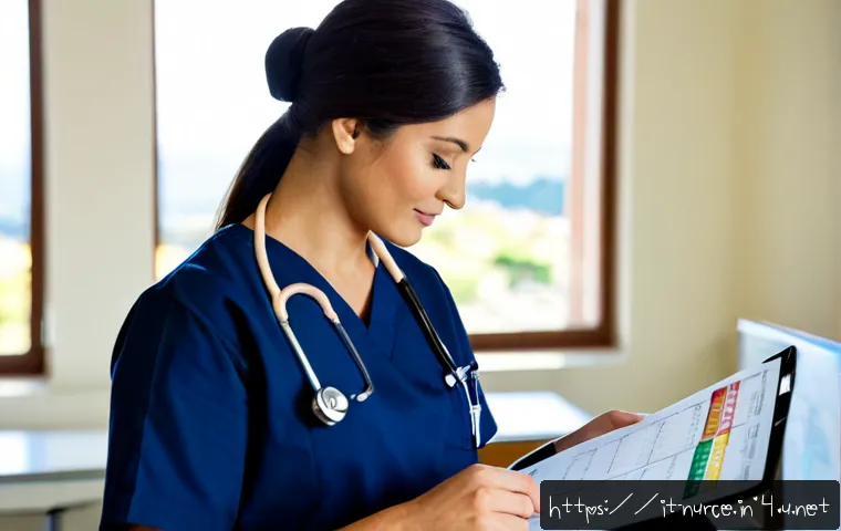 Home 17 간호사 필수 약어와 의학 용어 - Photorealistic Italian hospital nursing station, confident adult nurse in clean navy scrubs reviewin...
